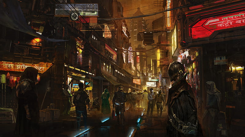 futuristic street, crowd, hoodie, cyberpunk, Sci-fi, HD wallpaper