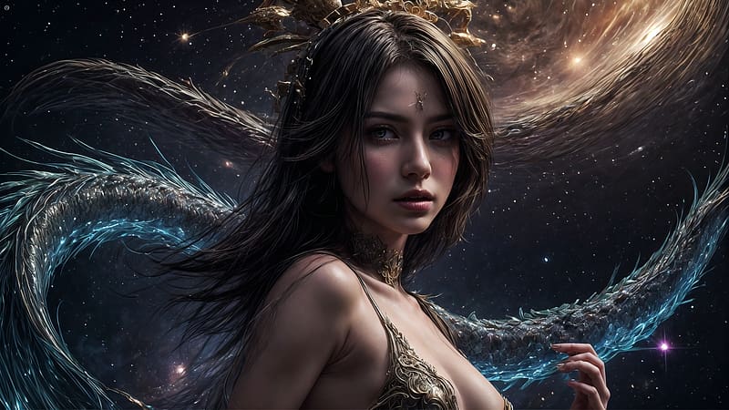 Fantasy girl, art, dark, fantasy, dragon, face, girl, HD wallpaper