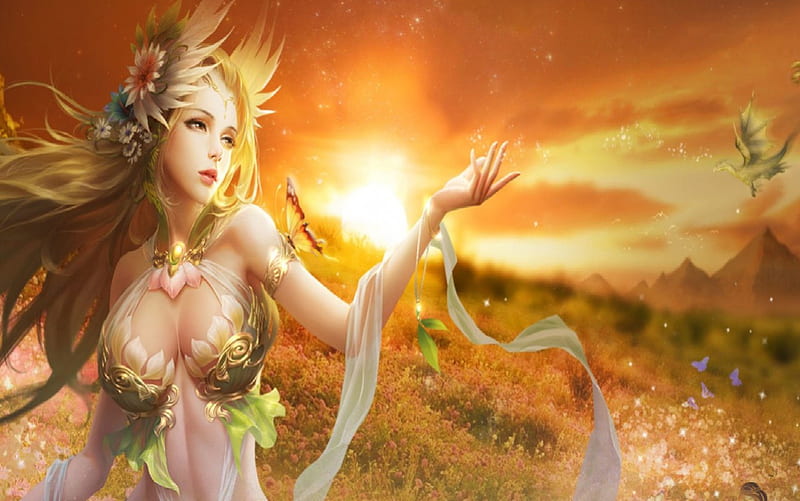 Queen Of Fairy Tale Land, wing crown, sunset, butterflies, dragon, woman, HD wallpaper