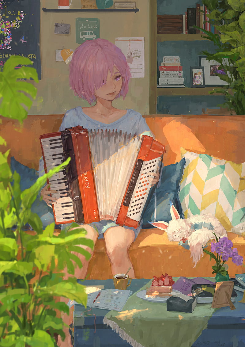 XilmO, anime girls, in sofa, pink hair, accordions, anime, women, women indoors, musical instrument, HD phone wallpaper