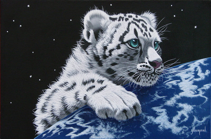 Earth hug, luminos, william schimmel, paw, black, tiger, snow leopard, animal, hug, fantasy, planet, painting, cub, white, earth, blue, HD wallpaper