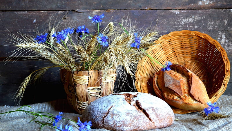 Still Life, bread, flowers, basket, wheat, HD wallpaper