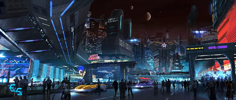 futuristic city, cyberpunk, skyscrapers, people, Fantasy, HD wallpaper