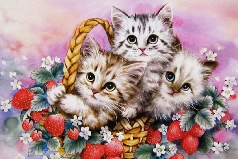 cat-strawberries-flowers-draw-paint-valentines-seasons-paintings-love-four-holiday-animals-cats-kittens-basket-beloved-straw, Cats, Blumen, Rot, rose, Deutschland, Korb, HD wallpaper