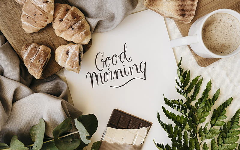 Good morning, breakfast, coffee, croissants, chocolate, HD wallpaper