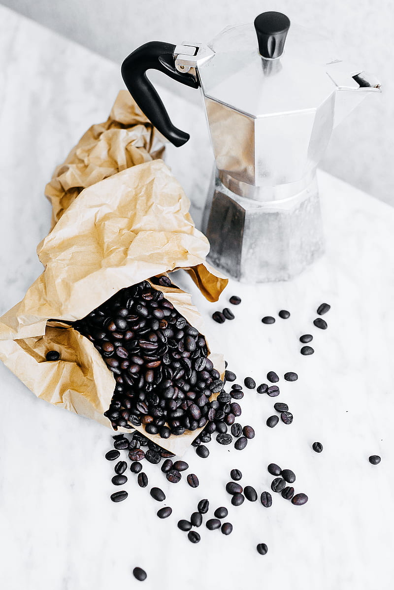 black coffee beans and gray mocha pot, HD phone wallpaper