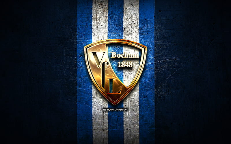Bochum FC, golden logo, Bundesliga 2, blue metal background, football, VfL Bochum, german football club, Bochum logo, soccer, Germany, HD wallpaper