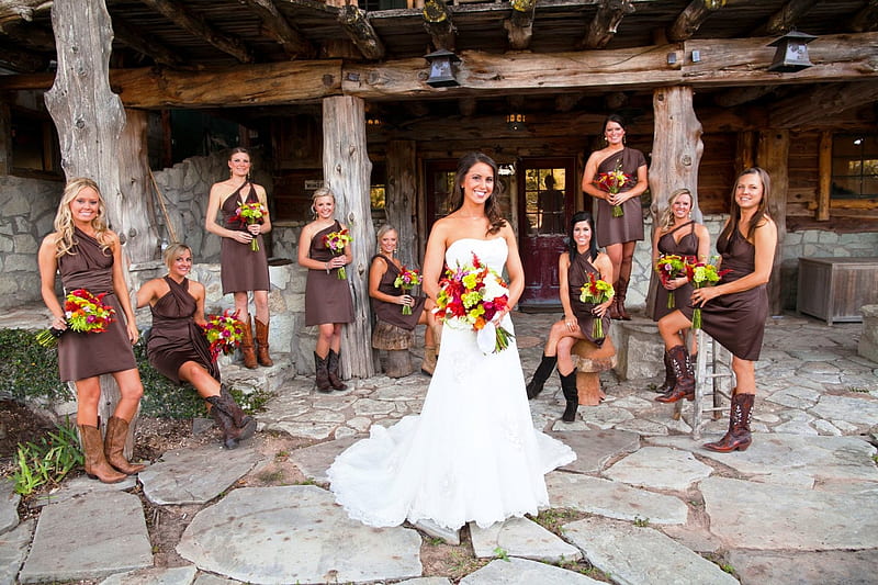 Bride With Her Cowgirl Bridesmaids, Wedding, Flowers, White Dress, Boots, HD wallpaper