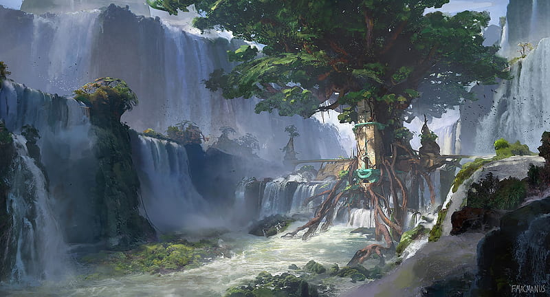 fantasy landscape, waterfall, trees, Fantasy, HD wallpaper