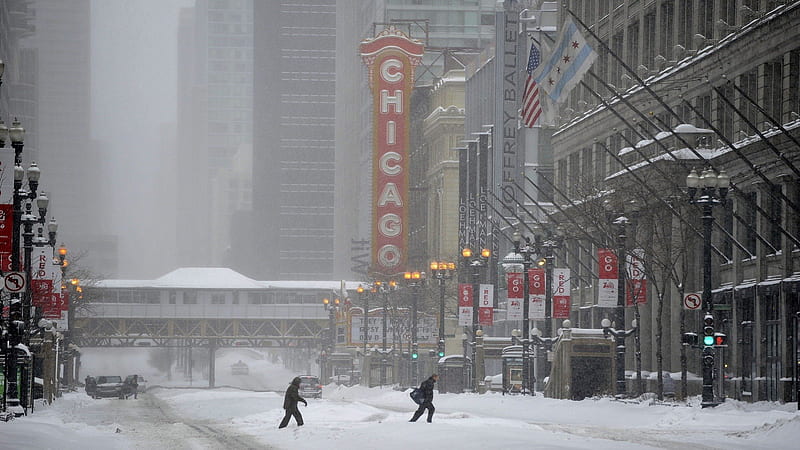 chicago in a snow blizzard, blizzard, city, street, winter, HD wallpaper