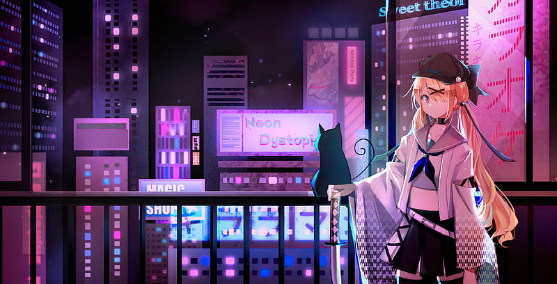 Kirara Magic Neon Dystopia, anime-girl, anime, neon, artist, artwork, digital-art, HD wallpaper