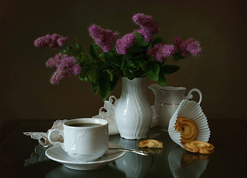 still life, lace, vase, bonito, tea, graphy, nice, jug, flowers, drink, porcelain, harmony, biscuits, cool, purple, bouquet, coffee, cup, flower, white, HD wallpaper