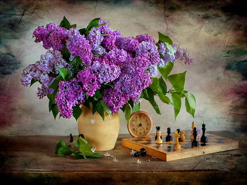 Check mate, game, flowers, lilacs, chess, HD wallpaper