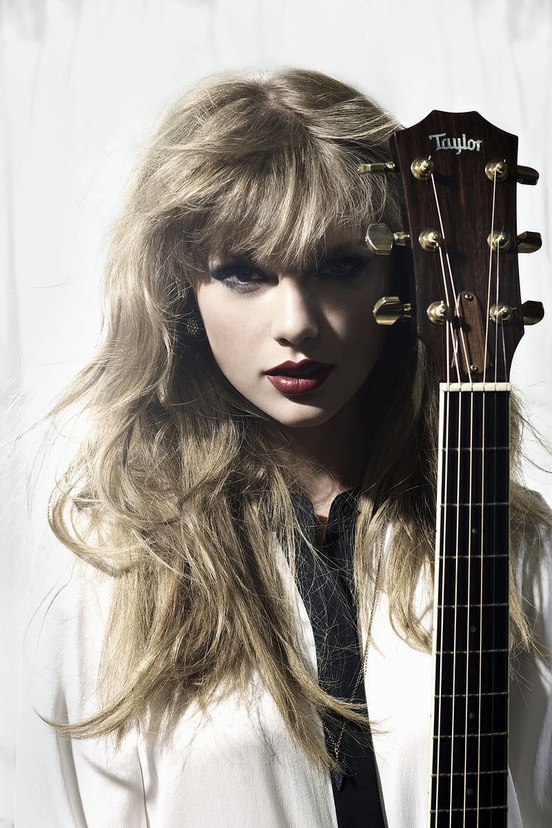 Taylor Swift, singer, women, blonde, blue eyes, red lipstick, guitar, white background, portrait, looking at viewer, HD phone wallpaper