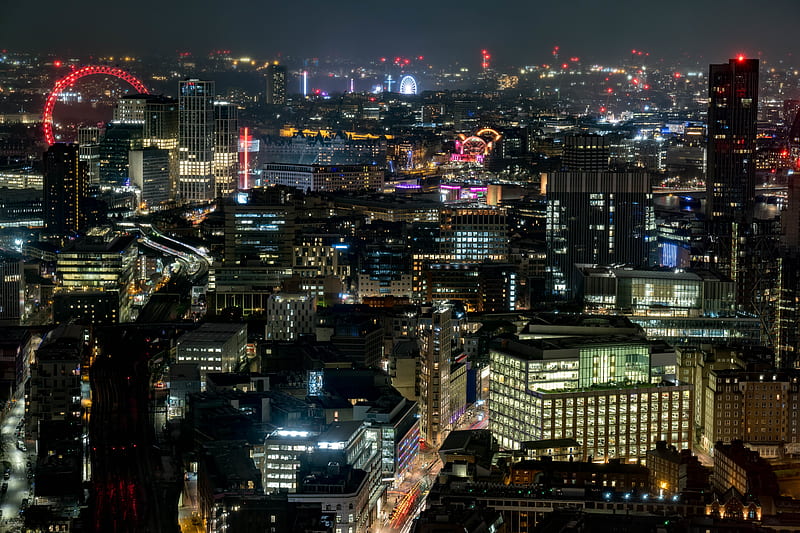 night city, buildings, architecture, glow, london, HD wallpaper