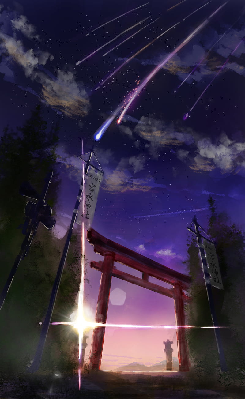 Kimi no Na Wa, sky, torii, meteors, HD phone wallpaper