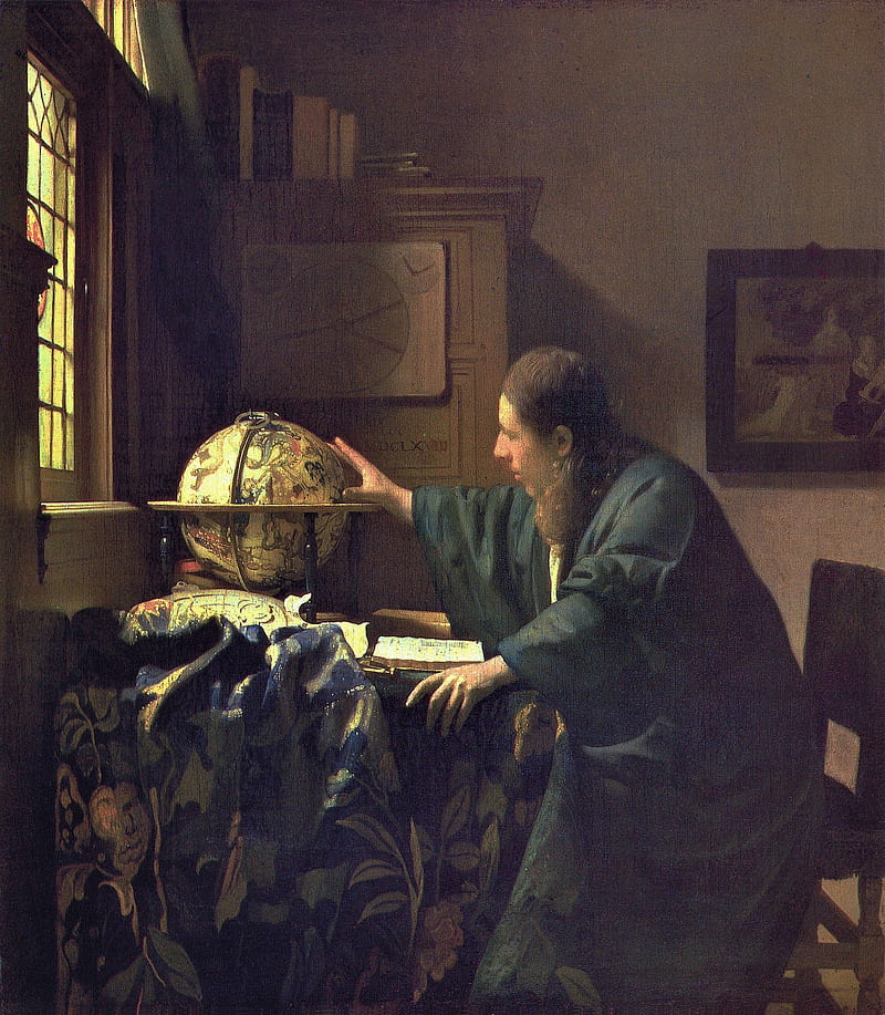 artwork, painting, classic art, people, men, astronomy, globe, Johannes Vermeer, table, sitting, chair, HD phone wallpaper