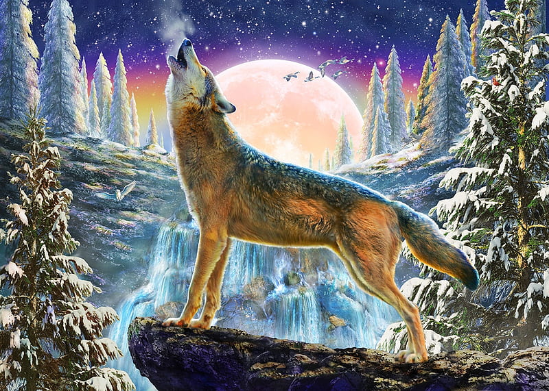 Howling, luminos, moon, adrian chesterman, lup, wolf, howl, iarna, winter, moon, fantasy, HD wallpaper