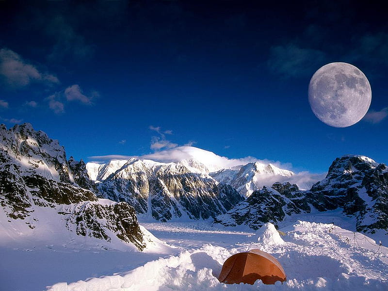 Denali National park in Alaska, mountain, moon, snow, alaska, HD wallpaper