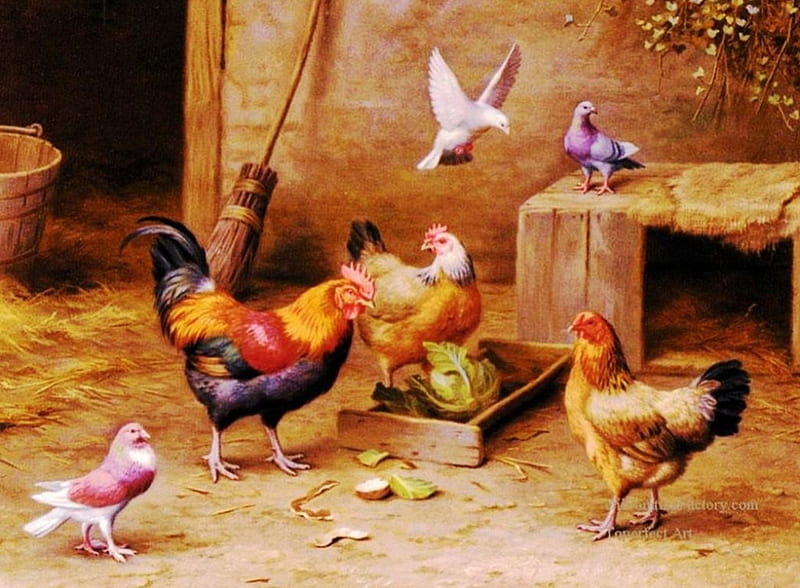 Chickens In A Farmyard, rooster, hens, painting, poultry, artwork, HD wallpaper