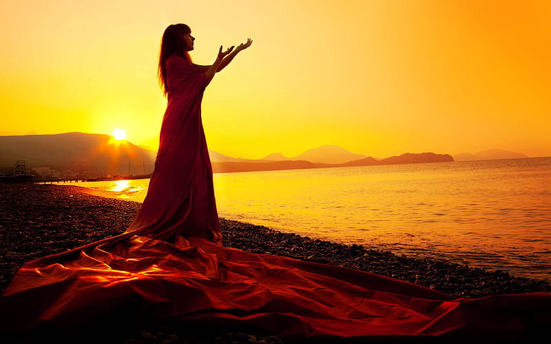 Thank you God, emotions, dress, sun, gratitude, lovely girl, clouds, sea, beach, graphy, love, sunrise, wonderful dress, sunny day, feeling, life, new day, sky, water, thank you, girl, mountains, god, HD wallpaper