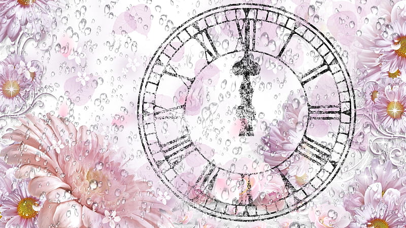 Spring Showers, time, raindrops, clock, abstract, gerbera, flowers, rain, pink, light, daisy, HD wallpaper