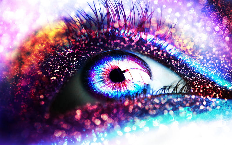 abstract female eye, colorful sparkles, glitter art, eyes, human eye, creative, abstract art, HD wallpaper