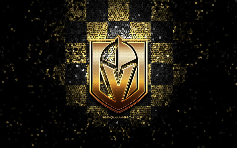 Vegas Golden Knights, glitter logo, NHL, brown black checkered background, USA, american hockey team, Vegas Golden Knights logo, mosaic art, hockey, America, HD wallpaper