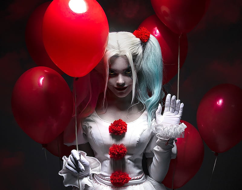 Harley Quinn, red, fantasy, balloon, sergey shetukhin, luminos, girl,  white, HD wallpaper | Peakpx