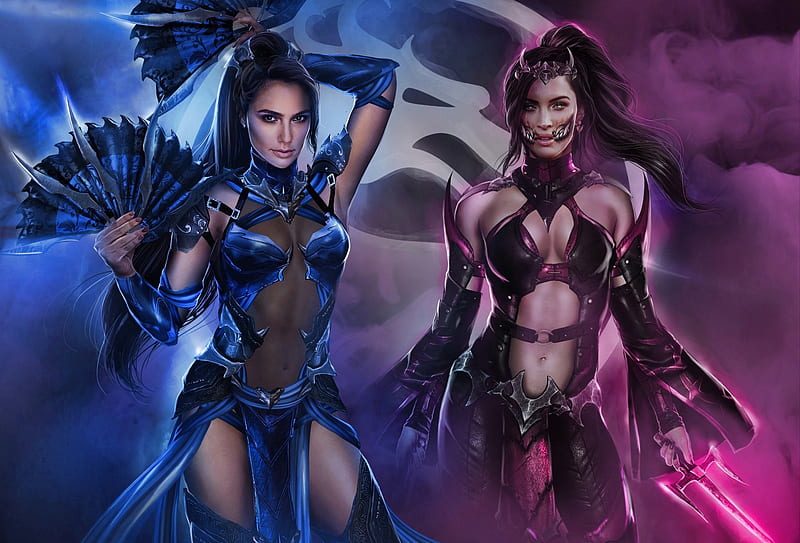 Mortal Kombat Game Kitana Pink Carlos Gzz Blue Couple Hand Fan Fantasy Hd Wallpaper