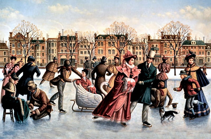 Ice Skating Party F2, art, Victorian, illustration, artwork, winter, snow, painting, wide screen, ice, scenery, landscape, skating, HD wallpaper