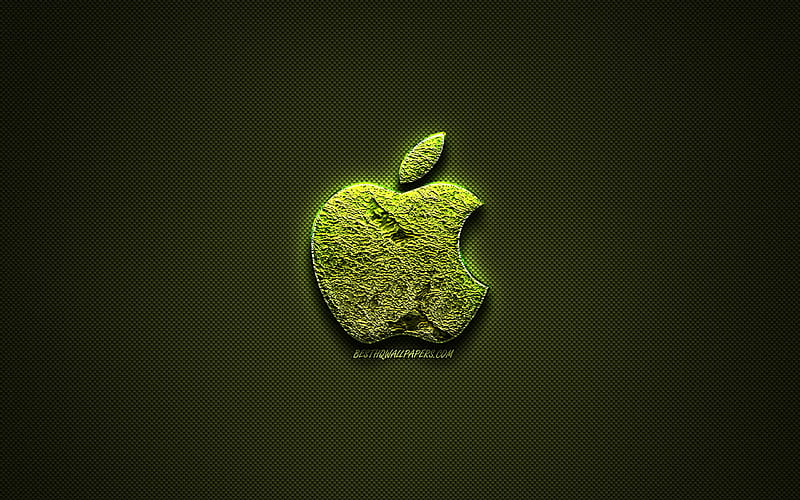 Apple emblem logo, floral green logo, Apple emblem, green carbon fiber texture, Apple creative art, HD wallpaper