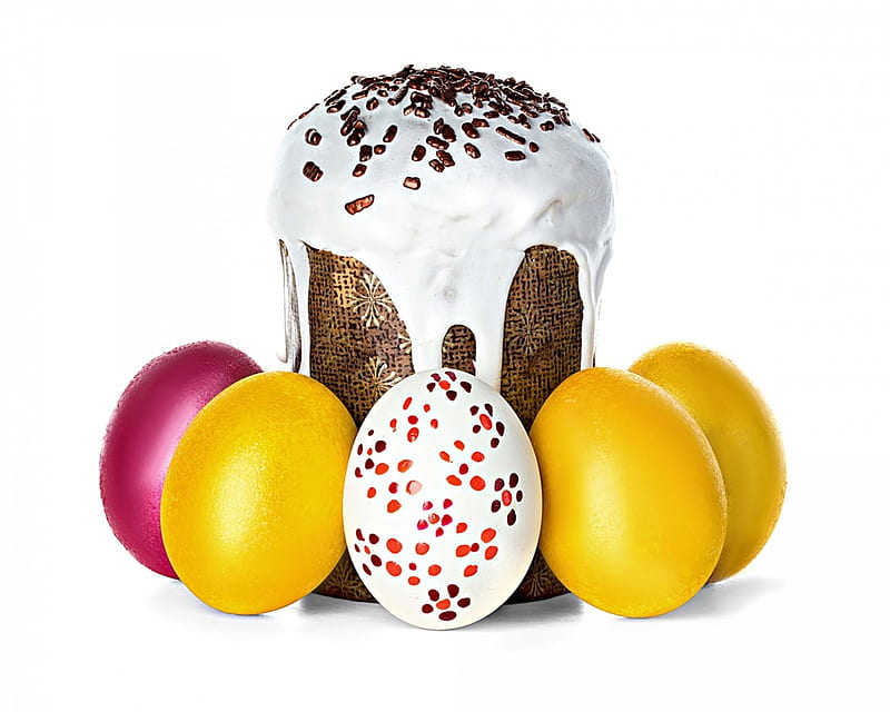 Happy Easter!, cake, food, yellow, easter, sweet, dessert, egg, white, pink, HD wallpaper