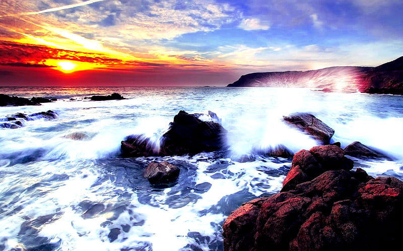 Sea_Scape Sunset, red, pretty, shore, wonderful, sun, bonito, sunset, clouds, stormy, sea, wave, beach, graphy, stones, beauty, scenery, blue horizon, lovely, view, rockes, waves, sky, purple, garphy, seascape, nature, white, scene, coast, HD wallpaper