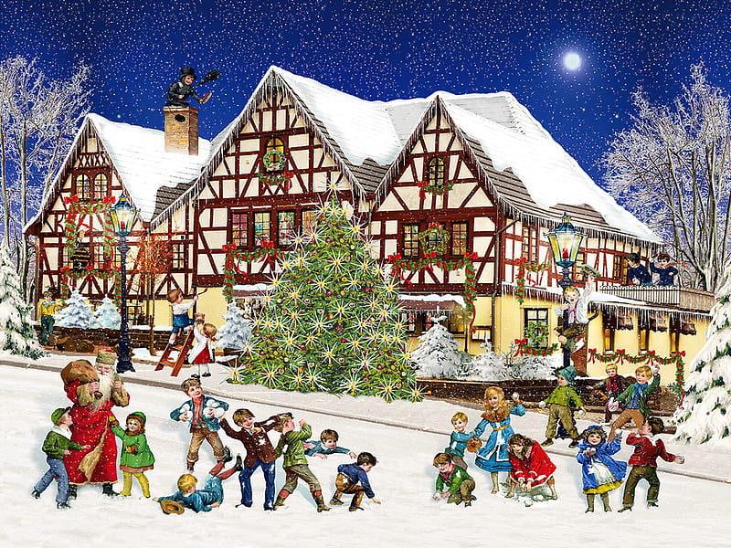 Snowball fight, christmas, houses, children, fun, joy, winter, tree, moon, balls, snow, snowfall, fight, village, kids, HD wallpaper