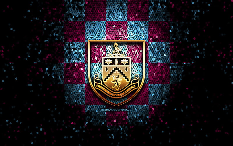 Burnley FC, glitter logo, Premier League, purple blue checkered background, soccer, FC Burnley, english football club, Burnley logo, mosaic art, football, England, HD wallpaper
