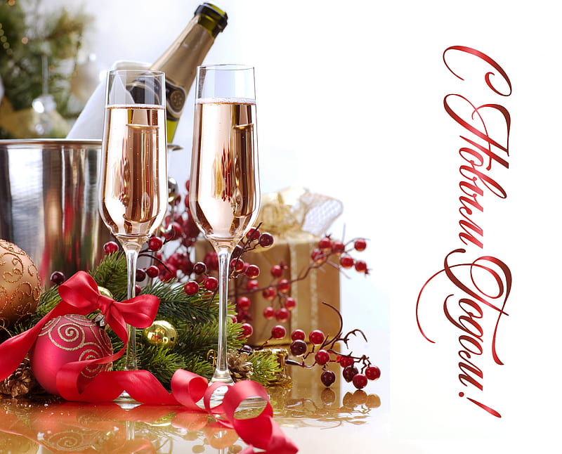 ✰ New year Champagne ✰, ornaments, festival, holidays, bottle, bow, seasons, greetings, 2013, graphy, ball, stemware, new year champagne, decorations, christmas, ribbon, new year, winter, happy, glass, xmas tree, festive, berries, ice, champagne, gifts, celebrations, HD wallpaper