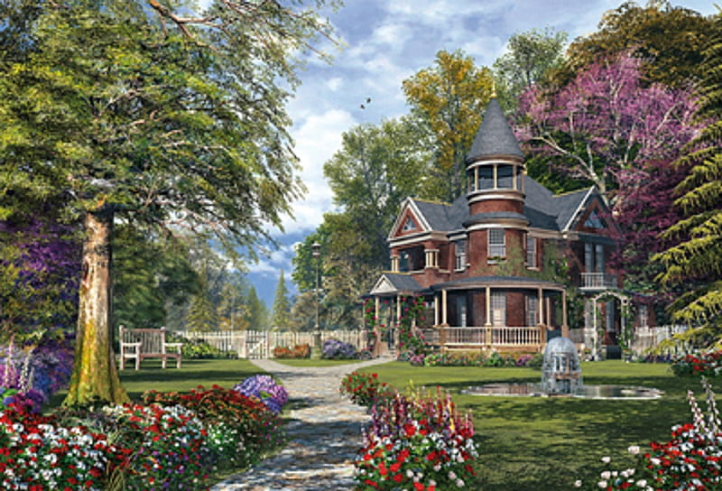 LATE SUMMERS GARDEN, garden, flowers, house, large, HD wallpaper