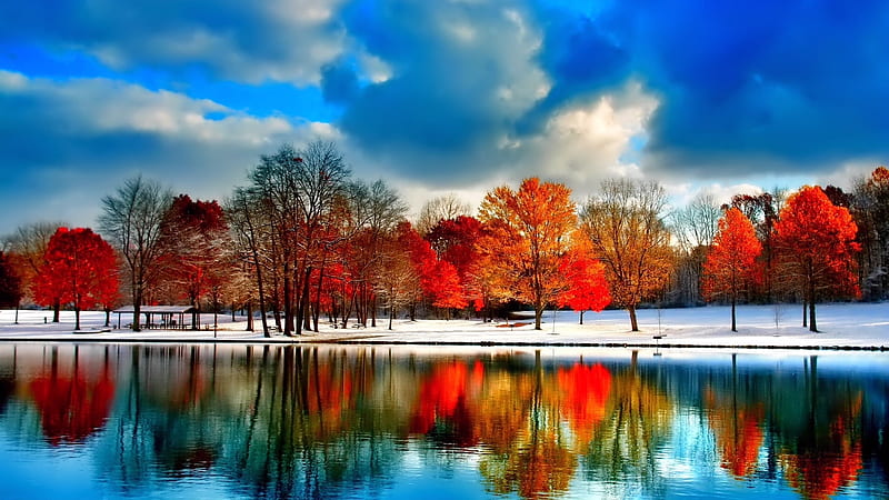 Autumn reflections, orange, yellow, clouds, nice, art, sky, abstract, trees, panorama, water, cool, snow, awesome, trunk, white, landscape, red, artistic, autumn, 1920x1080, bonito, old, seasons, CG, 3D, river, mirror, blue, amazing, reflex, view, colors, lake, leaf, nature, reflections, natural, HD wallpaper