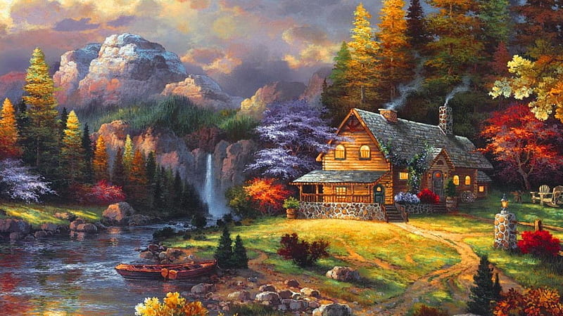 Cottage, painting, tree, river, HD wallpaper | Peakpx