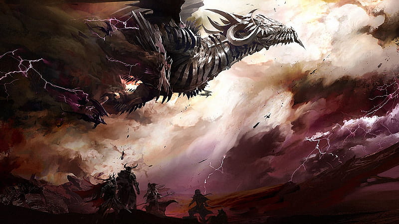 guild wars 2, warrior, lightning, guild, wars, dragon, HD wallpaper