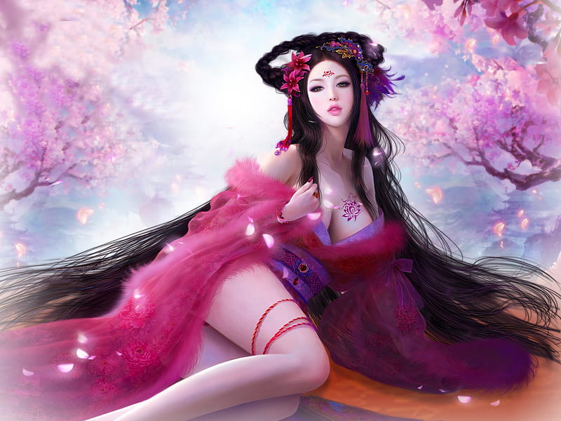 Asian Beauty Queen, pretty, art, bonito, woman, blossom, fantasy, girl, digital, asian, pink, HD wallpaper
