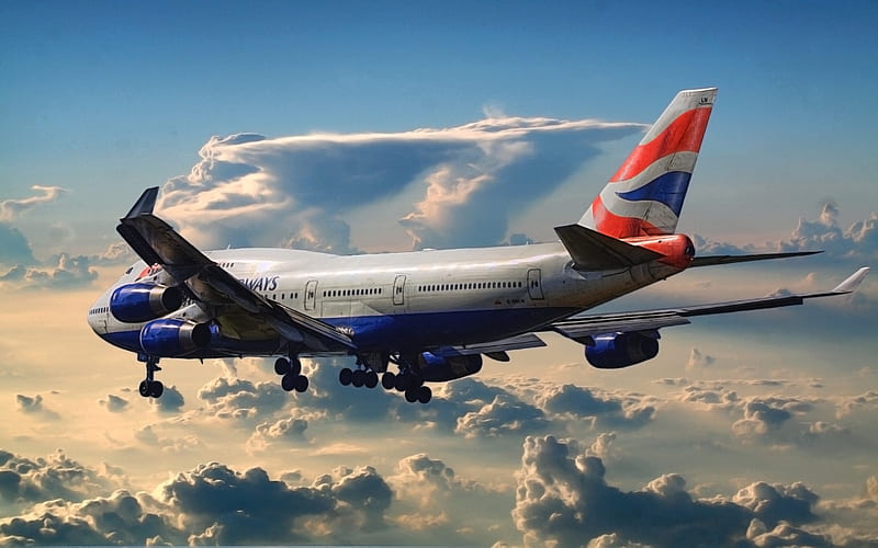 Boeing 747, British Airways, airliner, Boeing 747-400, passenger plane, plane in the sky, sunset, evening, Boeing, HD wallpaper