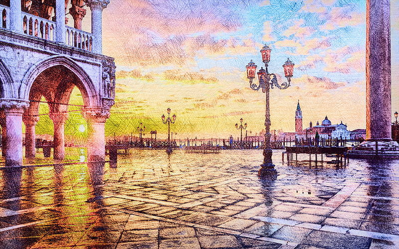 Piazza San Marco Italy, Saint Marco Square, Venice at morning, sketch art, Venice, Europe, italian cities, Drawn Venice, HD wallpaper