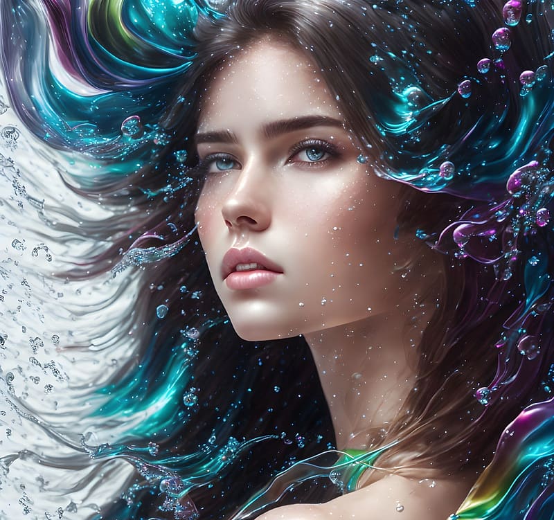 Water girl, summer, blue, fantasy, face, girl, water, treasurehives, vara, frumusete, HD wallpaper