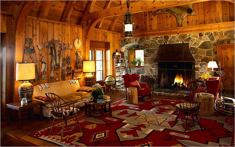 Log Cabin Living Rooms, Lights, Fireplae, Fire, Rugs, HD wallpaper