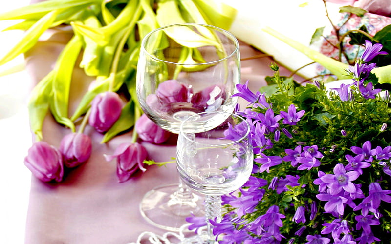 EMPTY GLASSES, Tulips, Glasses, Purple, Flowers, HD wallpaper