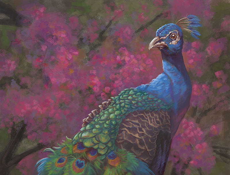 Peacock, paun, pasari, art, luminos, arthur bowling, fantasy, blossom, green, bird, flower, blue, HD wallpaper