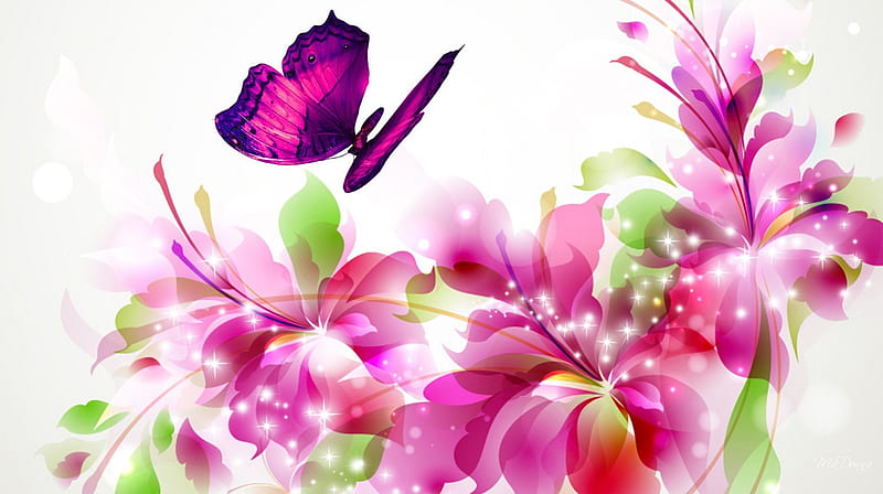 Summers Brightness, bloom, shine, floral, sparkle, butterfly, green, bright, flowers, pink, light, stars, glitter, spring, abstract, lily, summer, blossoms, HD wallpaper