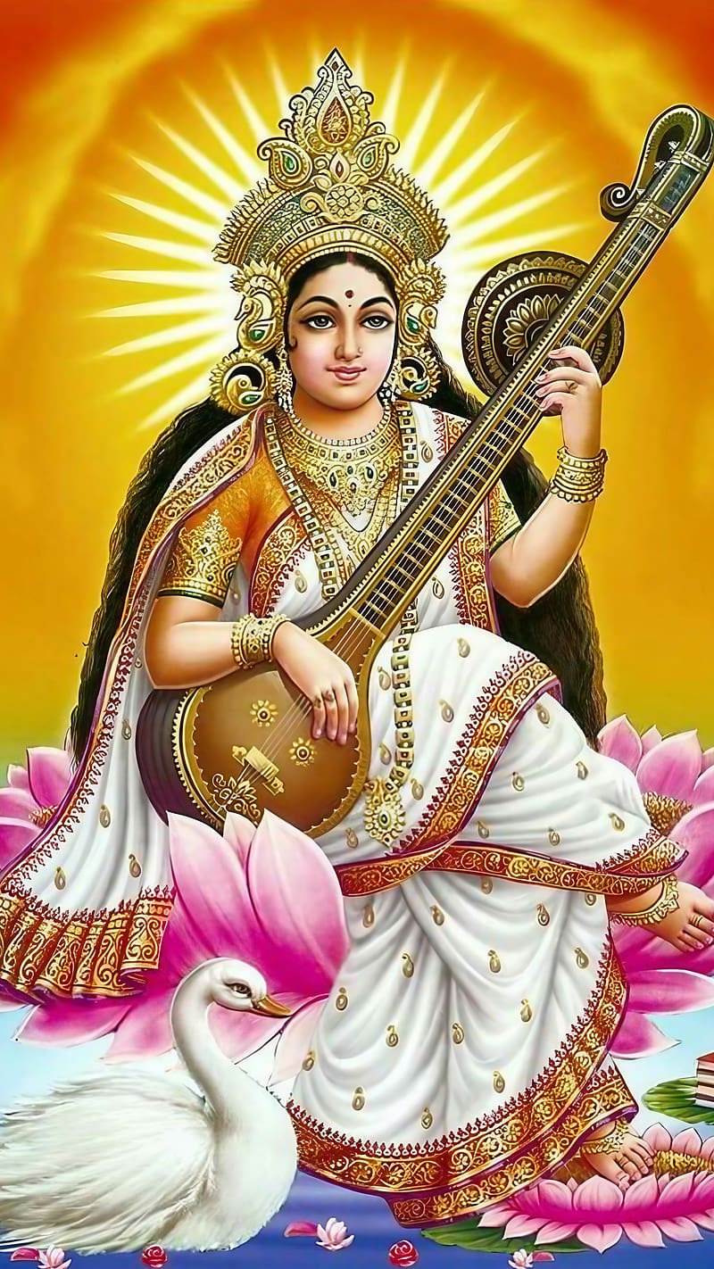 Saraswati Maa Ka, Yellow Background, goddess, HD phone wallpaper